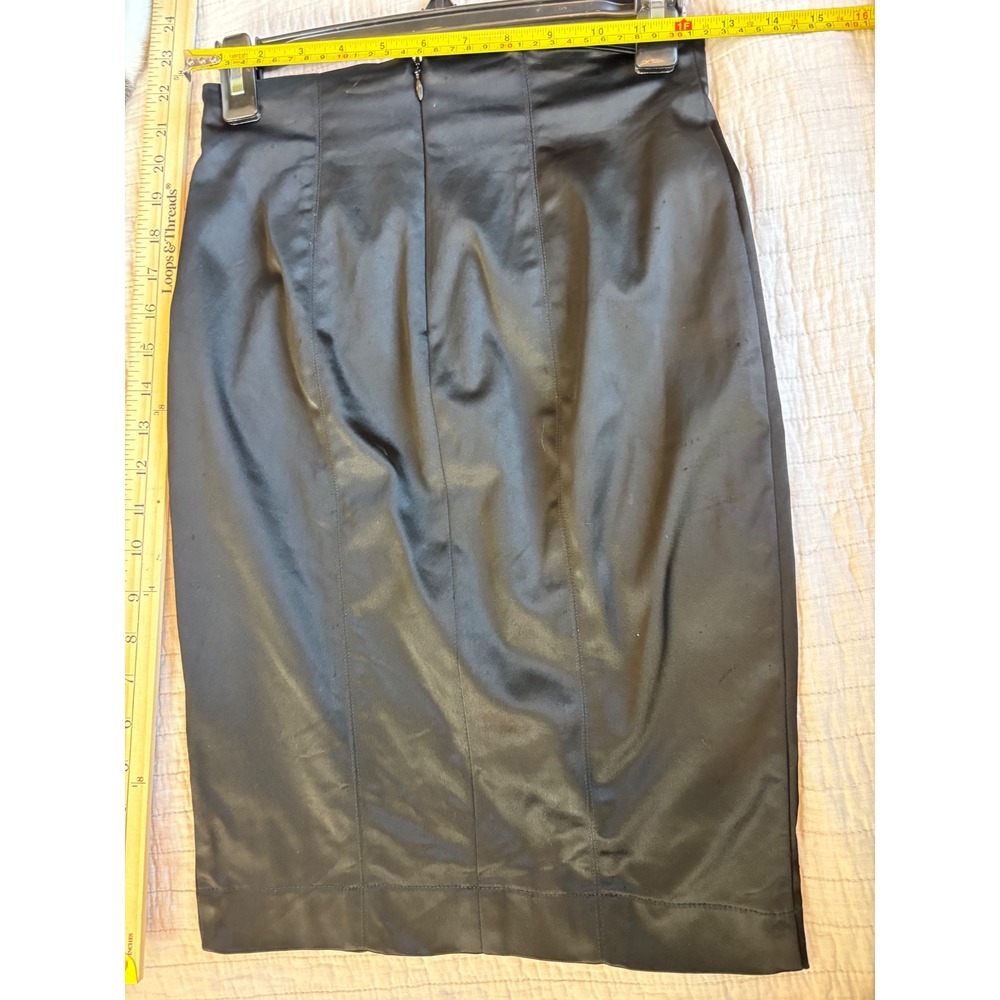Bebe Black Satin Pencil Skirt High Waisted Front Slit Made in USA Size 0